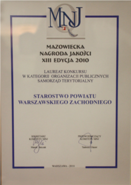 Certyfikat Mazowieckiej Nagrody Jakości dla Starostwa PWZ